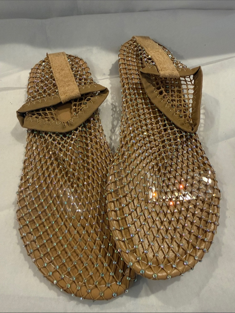 Women's Tan Crystal Mesh Slide Sandals